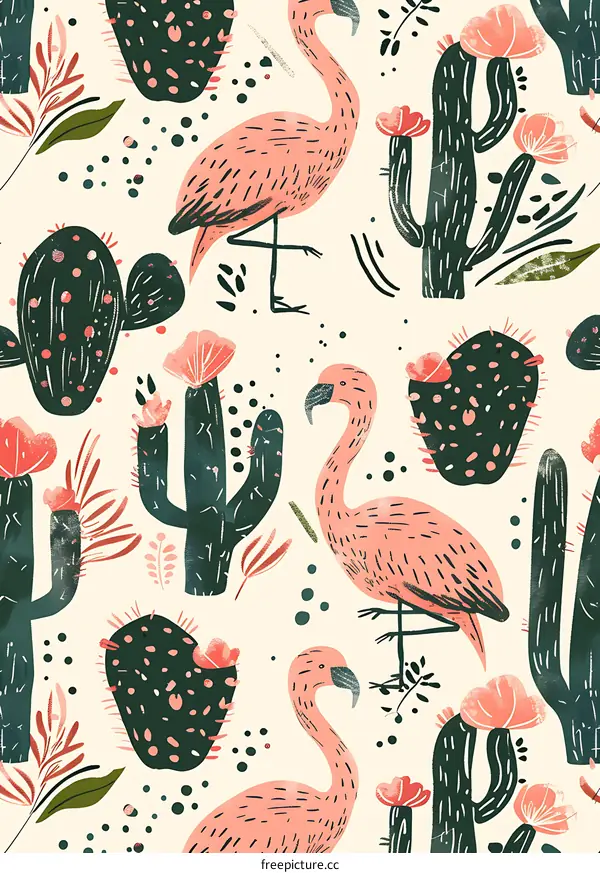 Tropical Seamless Pattern with Pink Flamingos and Cacti
