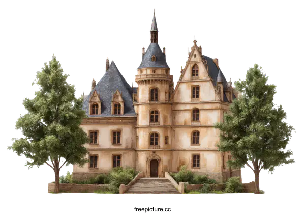 [Transparent Background PNG]Historical European Chateau Building Exterior View