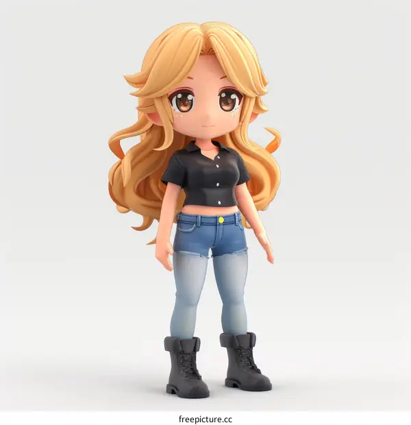 3D illustration of a blonde girl in a black shirt and blue jeans