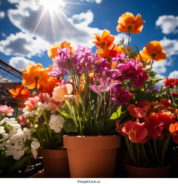 A variety of flowers in pots bask in the sunlight