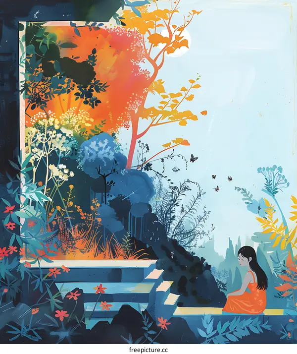 Woman Sitting on Steps in Colorful Garden