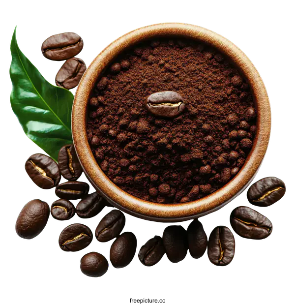 [Transparent Background PNG]Coffee Powder in Wooden Bowl with Beans and Leaves