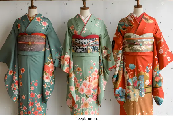 Three Japanese Kimono with Floral Patterns