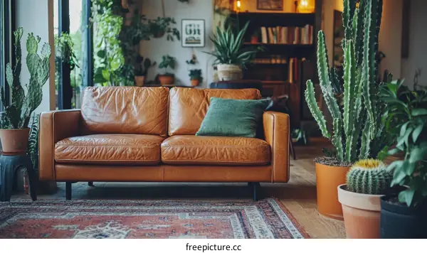 Cozy Living Room with Leather Sofa and Plants