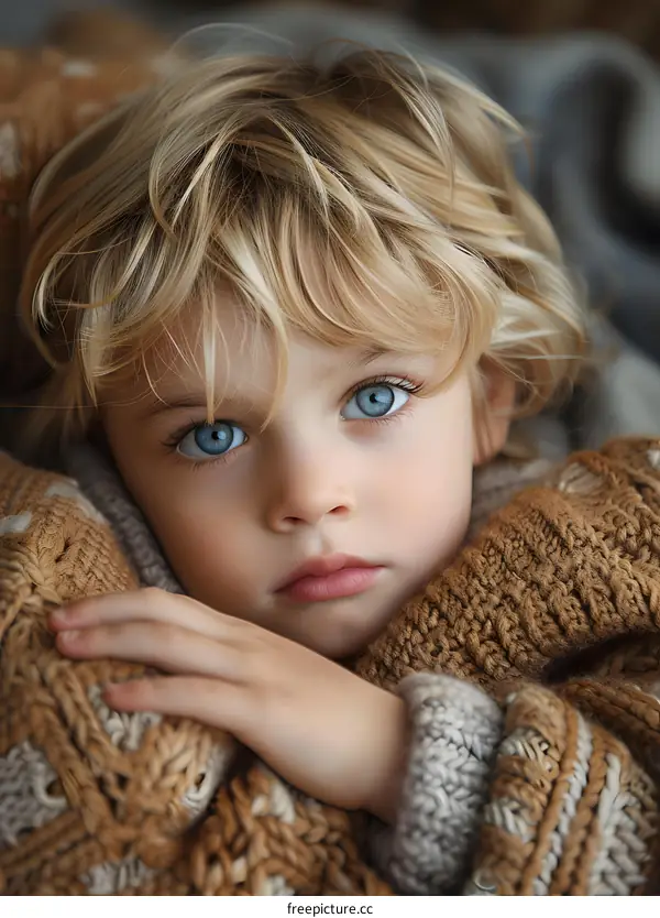 Portrait of a young boy with blond hair and blue eyes