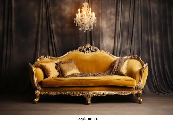 ornate golden rococo style sofa with crystal chandelier