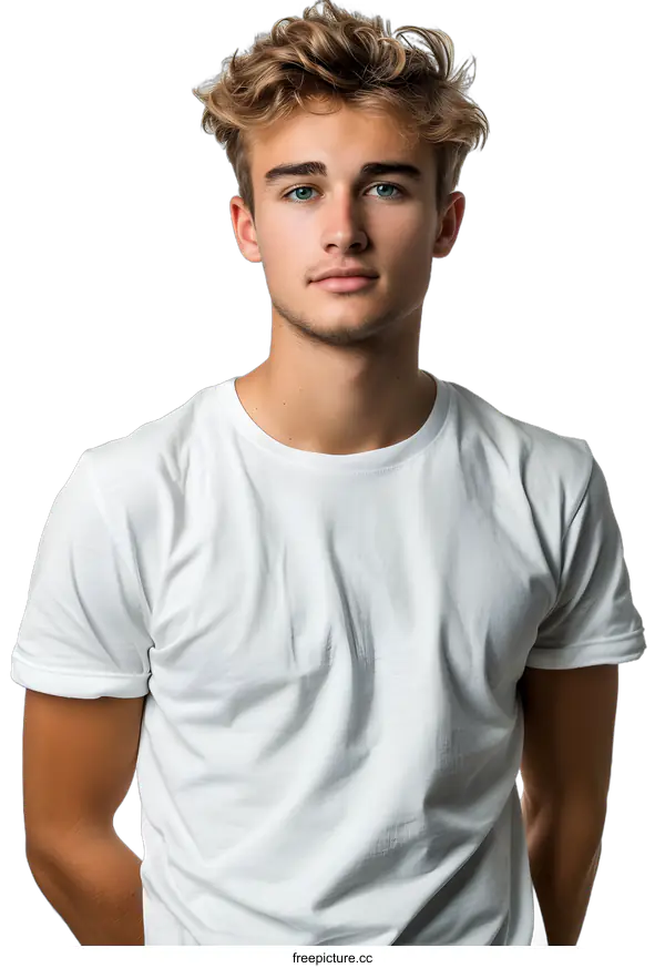 [Transparent Background PNG]Portrait of a young male model with blond hair and blue eyes wearing a white t-shirt