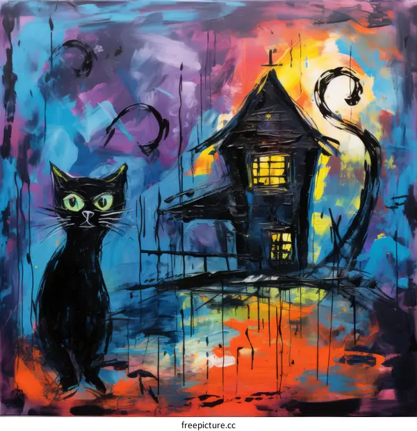 Black cat in front of a haunted house