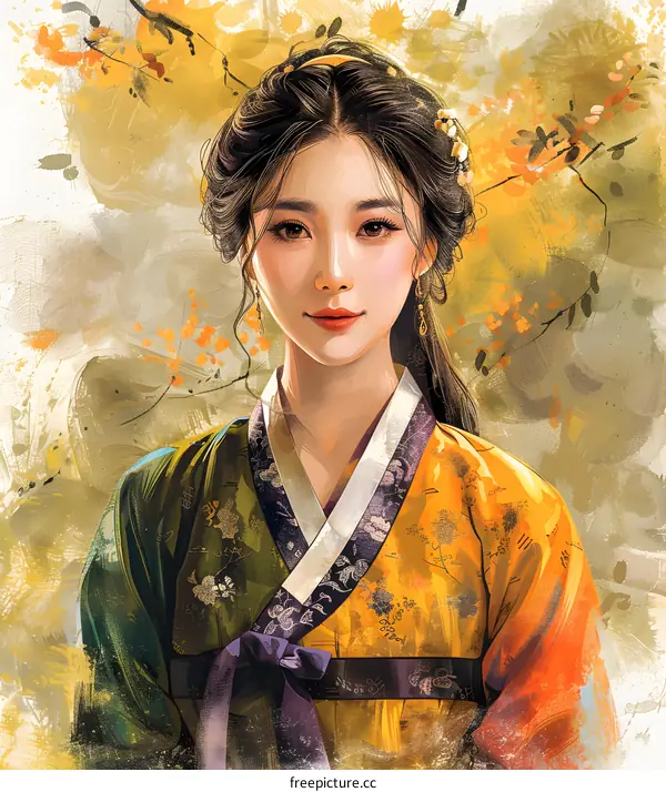 Elegant Asian Woman in Traditional Korean Hanbok Dress