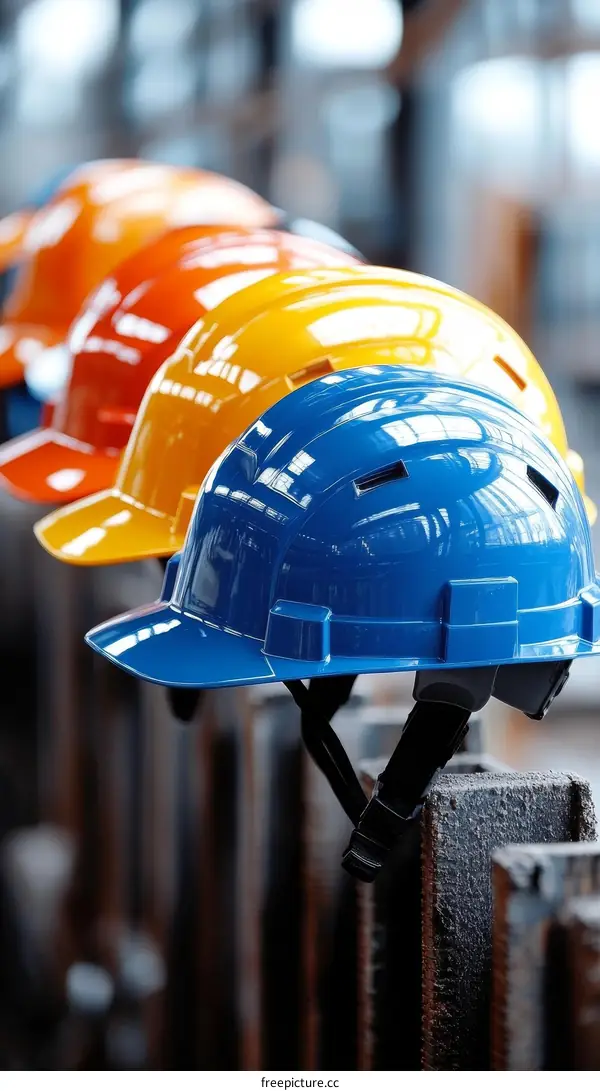 Colorful Safety Hard Hats in a Row