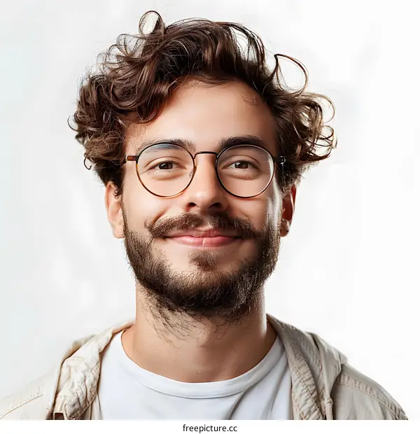 Portrait of a young man with curly hair and mustache