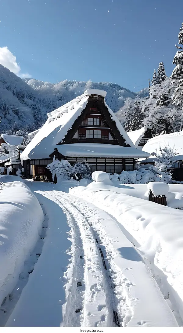 Traditional Japanese House Covered in Snow with Mountain View