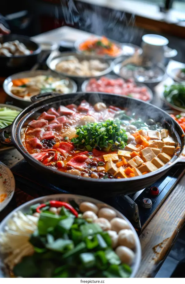 A hot pot with various ingredients