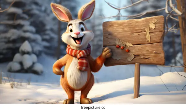 A Cute Rabbit with a Red Scarf Standing in a Winter Forest