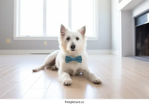 A cute white dog wearing a blue bow tie is lying on the floor in a bright room with large windows