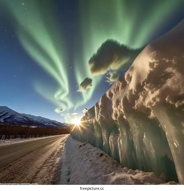 Aurora Borealis Over Snowy Road with Mountain in Background