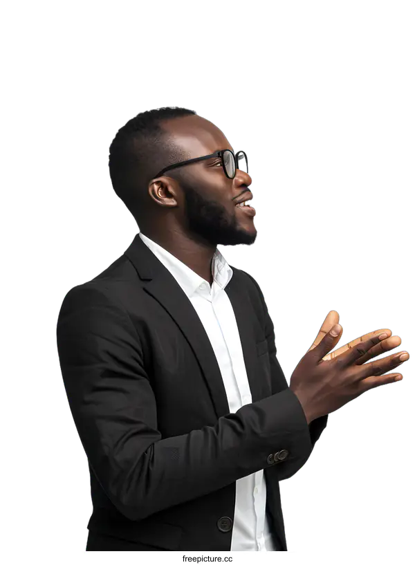 [Transparent Background PNG]A young African American businessman in a suit and glasses is smiling and clapping his hands.