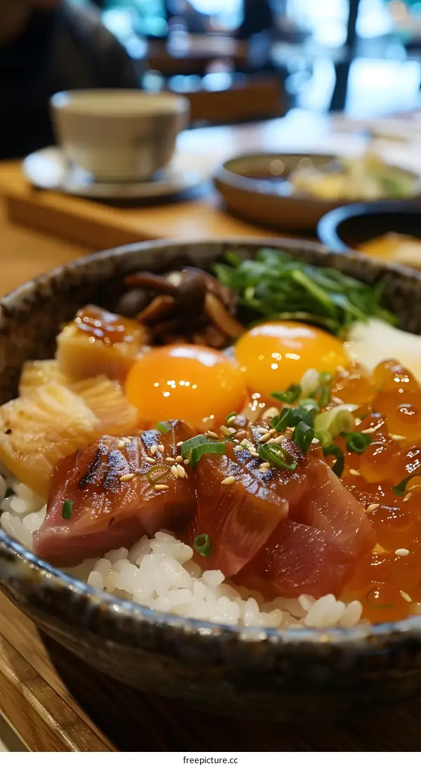 A delicious bowl of Japanese rice with assorted sashimi