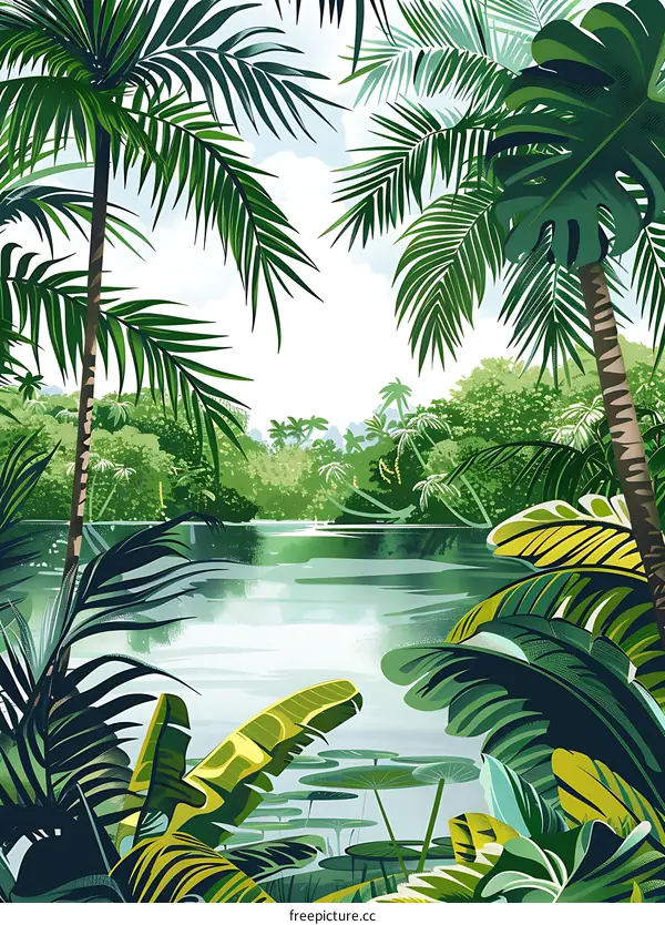 Tropical Rainforest Landscape with Lush Greenery and a Tranquil Lake