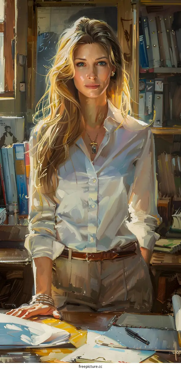 portrait of a beautiful woman in a white blouse standing in a library