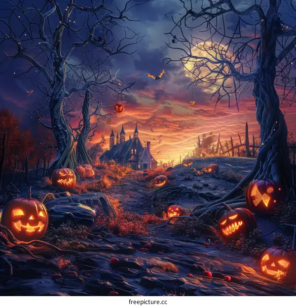 Haunted Halloween Night with Spooky House and Creepy Pumpkins