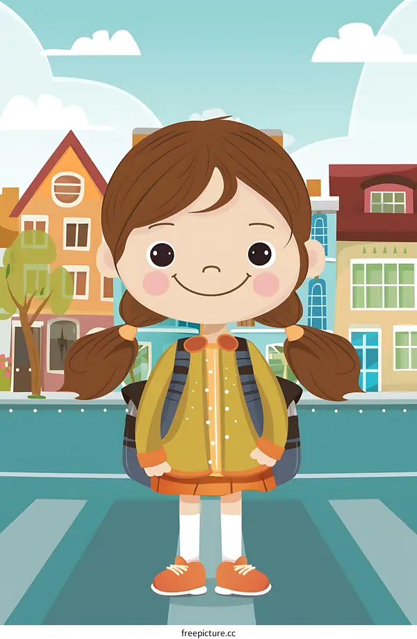 Smiling Girl With Backpack Standing In Front Of Houses