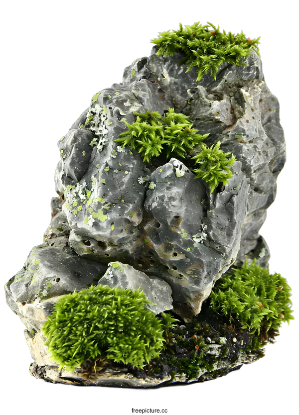 [Transparent Background PNG]Grey Rock With Green Moss Isolated On White Background