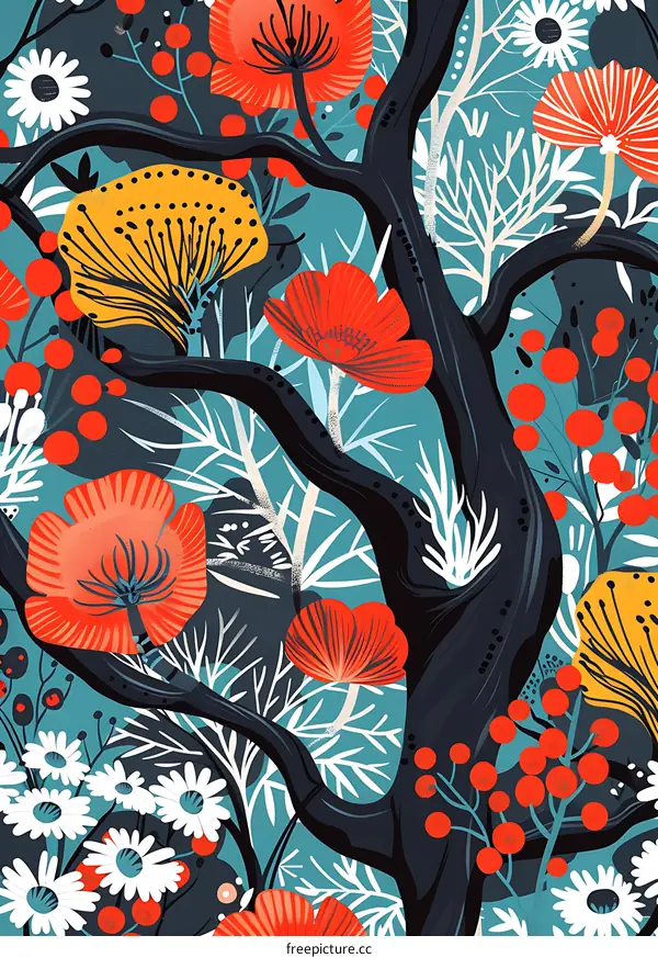 Abstract Floral Pattern with Red and Yellow Flowers