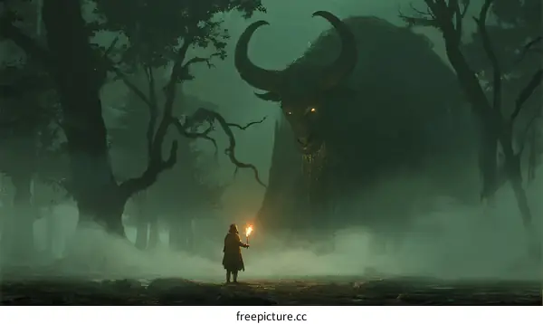 Mysterious Forest Encounter with Mythical Bull Creature and Torch-Bearing Figure