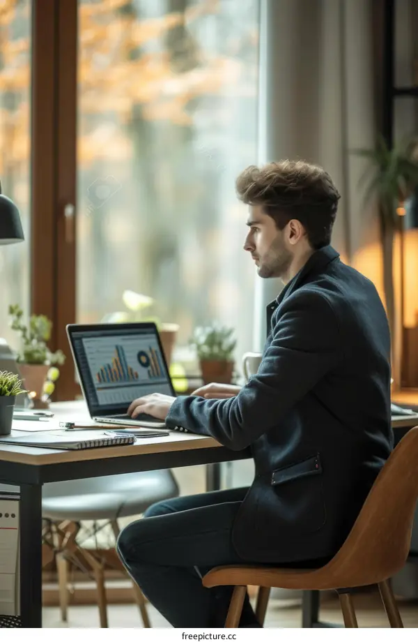 Young man working on laptop in home office