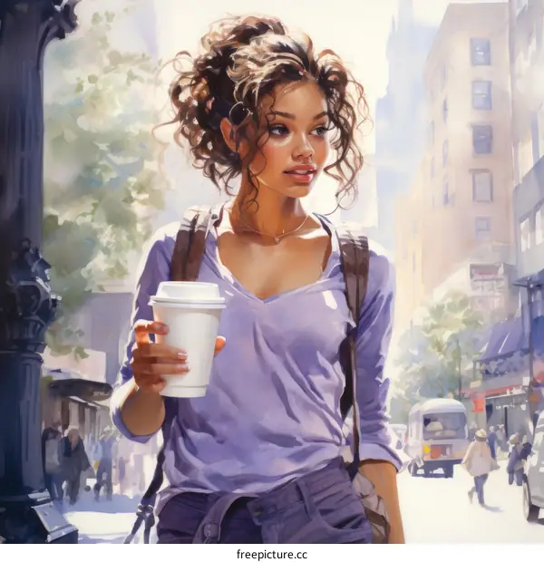 A young woman with curly hair is drinking coffee and walking down the street