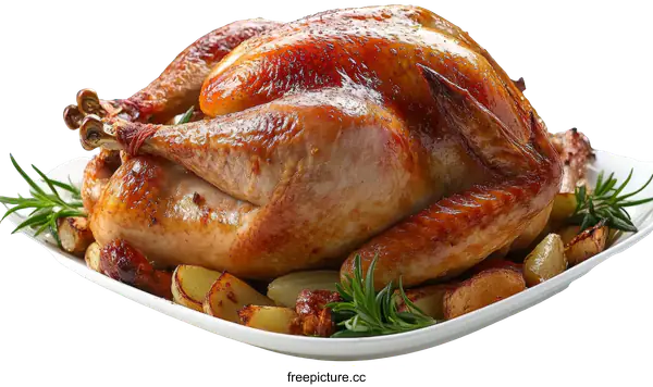 [Transparent Background PNG]Roasted Turkey with Potatoes and Herbs Thanksgiving Dinner