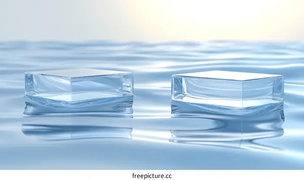 Transparent Ice Cubes Display on Rippled Water