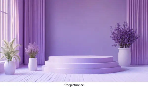 Purple Minimalist Room with Podium and Flowers