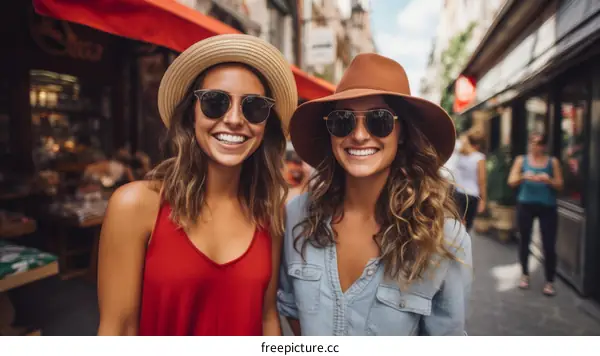 Two happy young women walking down the street