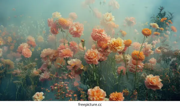 Peach Blossom Field with Blue Foggy Background