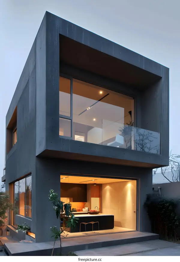 Modern Concrete House with Large Windows and Patio