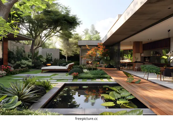 Courtyard with a pond and a wooden deck