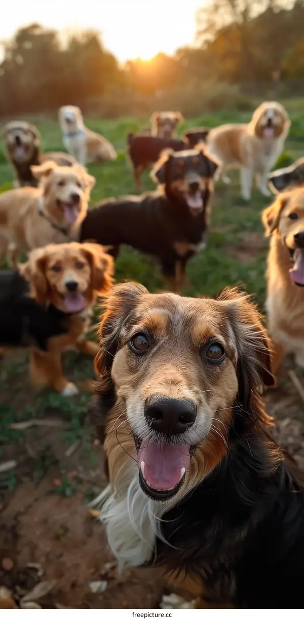 Group of dogs in a field at sunset