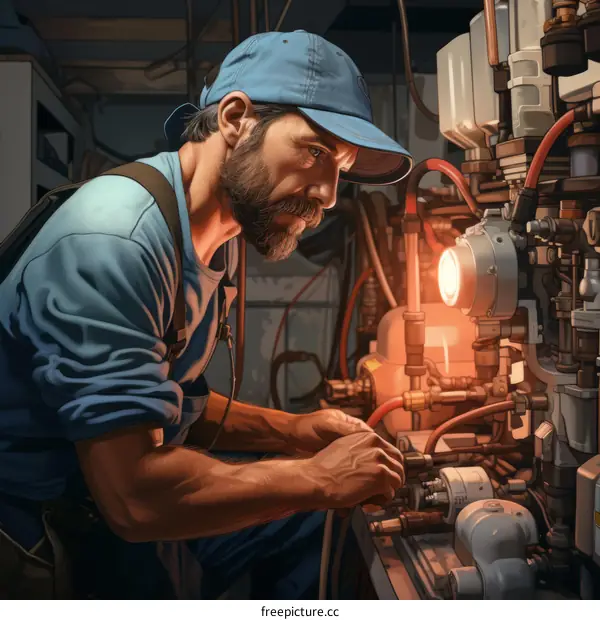 A bearded man in a blue cap is working on a machine.