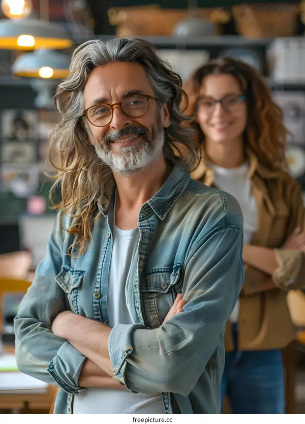 Portrait of a smiling man with long gray hair and beard, wearing glasses, standing in a room with a woman in the background