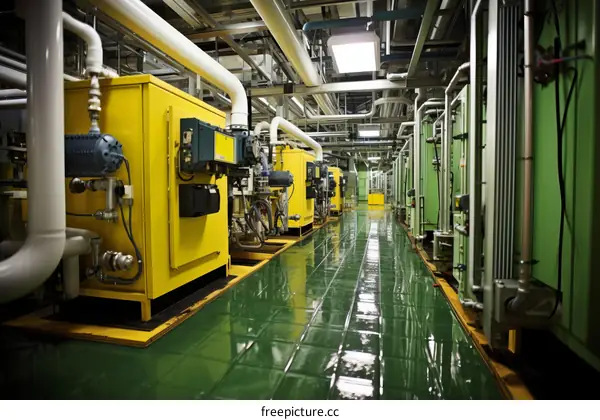 The factory workshop is full of yellow and green equipment and pipelines