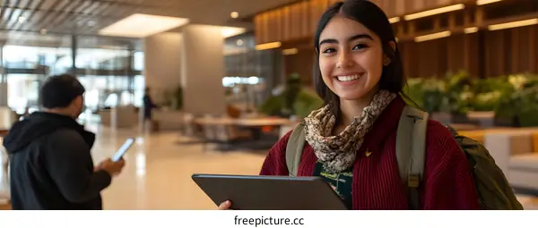 Smiling Woman Holding Tablet in Modern Building Lobby