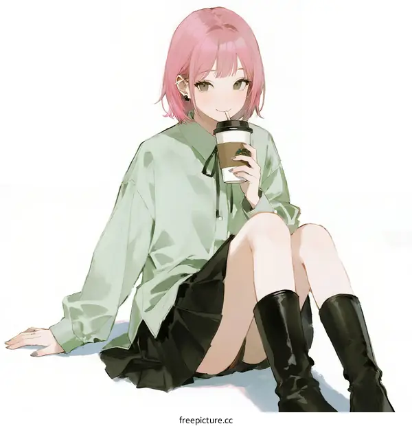 Pink Haired Girl Sitting and Holding a Coffee Cup