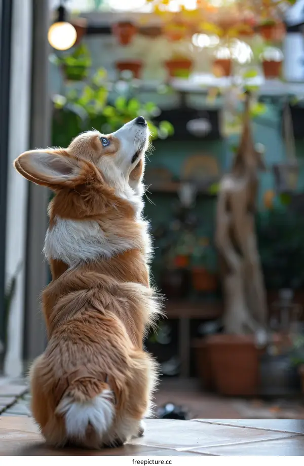 A cute corgi sitting on the floor and looking up