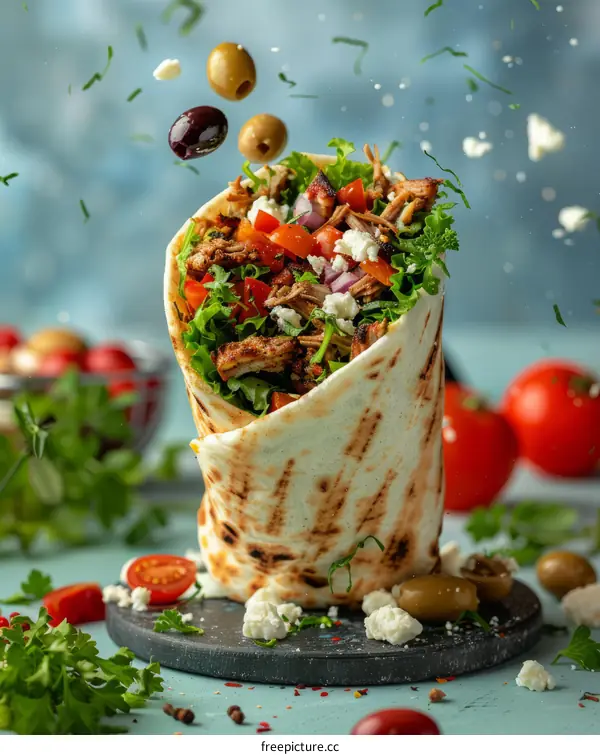 Delicious and healthy doner kebab wrap with falling ingredients