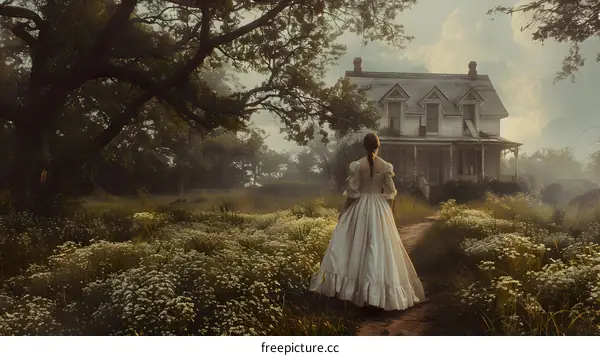 girl in white dress walking towards an old house