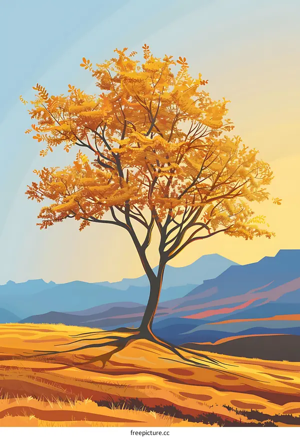 Autumn Landscape Illustration with a Single Tree on a Hill