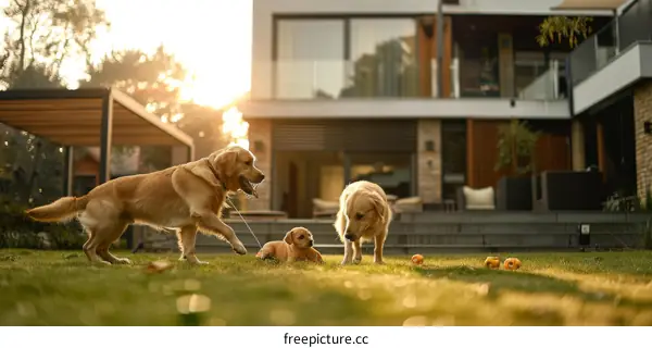 Three Golden Retrievers playing in the backyard