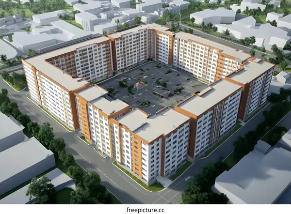 Aerial View of Apartment Building Complex with Parking Lot